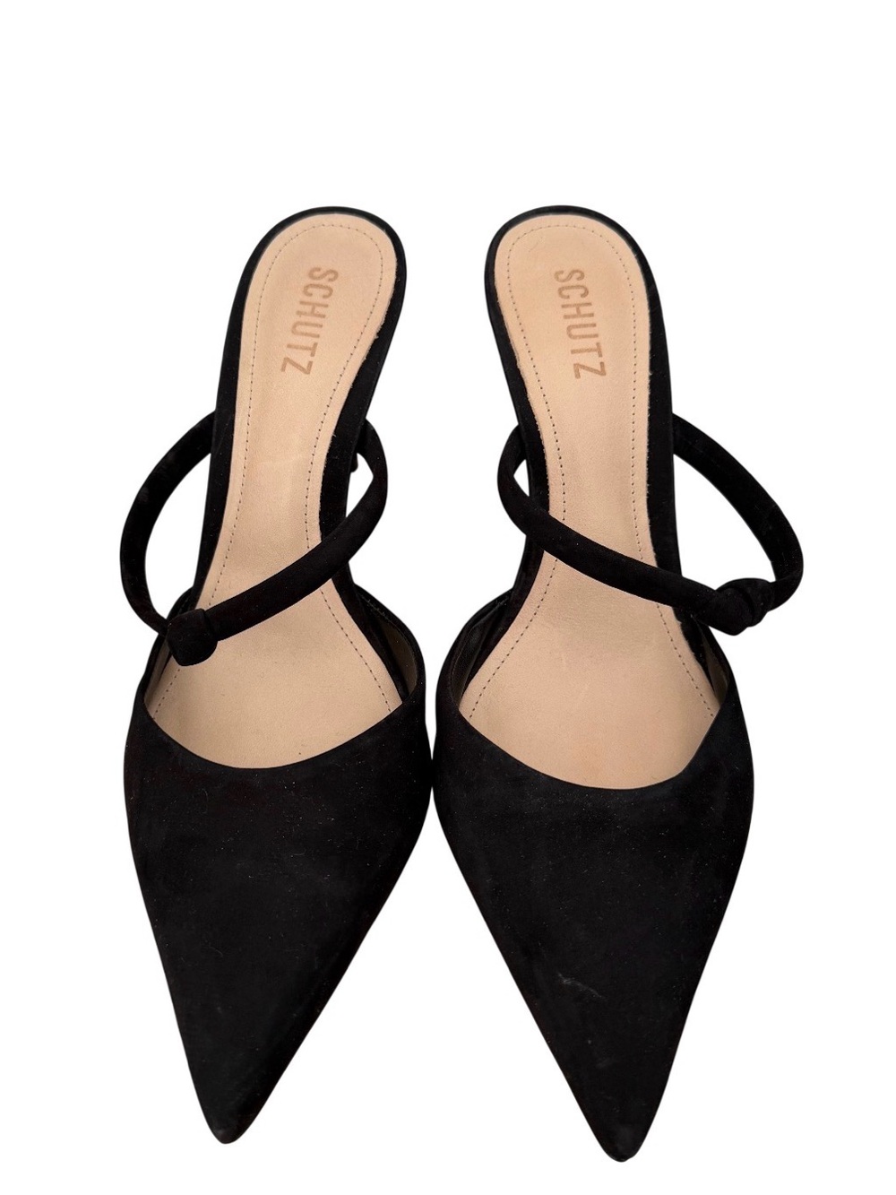 Schutz Black Pointed Toe Strappy Knot Suede Mule Heels